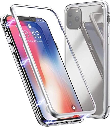 SME iPhone 11 Series 360 Degree Magnetic Adsorption Metal Bumper Temper Glass Clear Shockproof Full Cover Case for Apple iPhone 11 Series (iPhone 11 - (5.8) - Silver)
