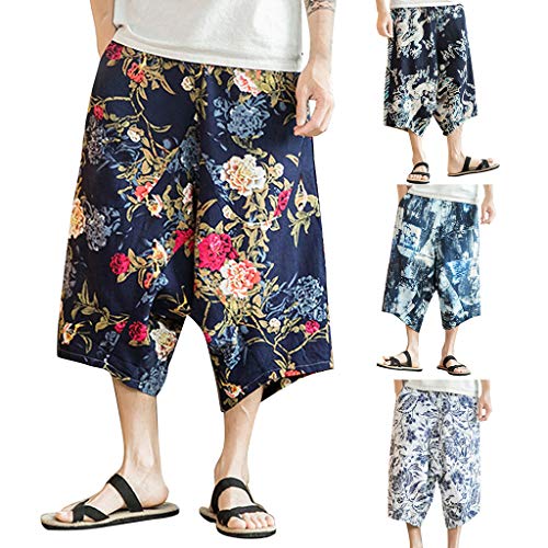 VEZAD Men Harem Pants Jogger Fitness Chinese Style Printed Linen Loose Cropped Trousers