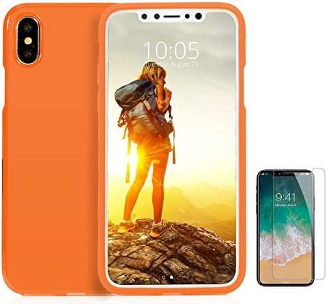 iphone X Case Tpu Orange Slim Soft Rubber Protective Bumper + Screen Protector Tempered Glass 5.8"(Orange)