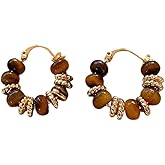 Vintage Tiger Eye Beads Statement Thick Hoop Earrings for Women Trendy Brown Gold-tone Chunky Round Huggie Hoops Gemstone Dangle Retro Chic Party Holiday Fashion Jewelry Gifts for Her