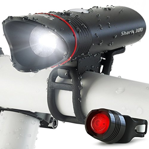 SUPER BRIGHT USB Rechargeable Bike Light- Cycle Torch Shark 300 Bicycle HeadLight- TAIL LIGHT Included- 300 Lumens LED Front Light, Fits ALL Bikes, Quick Release Flashlight Set