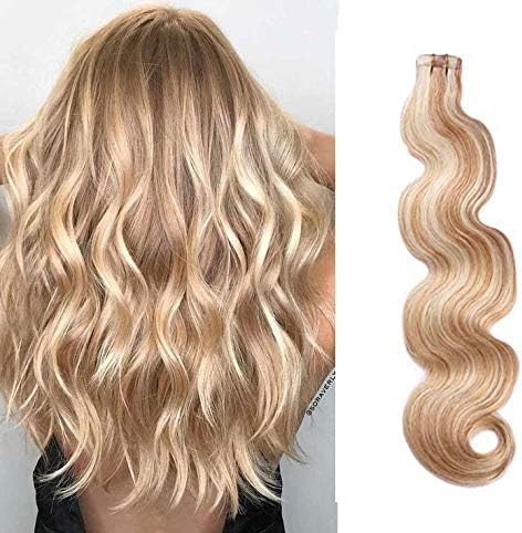 Tape in Hair Extensions Soft Silky 22inches #27 Strawberry Blonde with #613 Blonde Highlights Balayage Remy Human Hair 70g 20Pcs/Pack Body Wavy Seamless Skin Weft Glue in Extensions (#27/613)