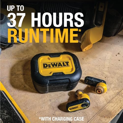 DEWALT Heavy Duty True Wireless Ear Buds, Bluetooth Headphones with Type C Charging Case Included, Over 37 Hours of Battery Life, Easy Setup for iPhone, Perfect for Jobsite, Outdoor Work, Yellow