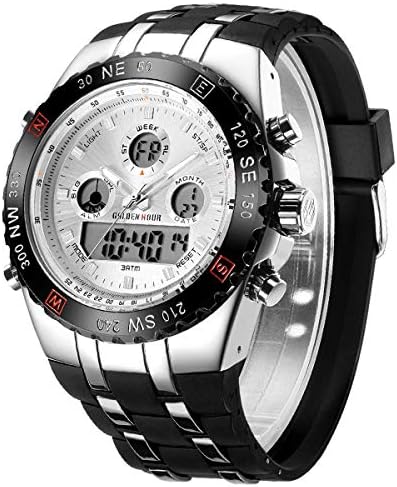 Sports Digital Mens Watch Fashion Analog Waterproof Chronograph Wristwatch for Men with Black Silicone Band