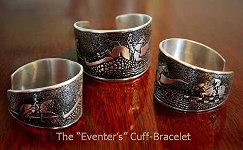 Horse Lady Gifts bracelet, horse cuff bracelet showing jumping, dressage and cross country events, handmade by artist USA in silvery pewter