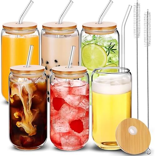CasaWave 6 Drinking Glasses with Bamboo Lids and Glass Straws, 16oz Can ...