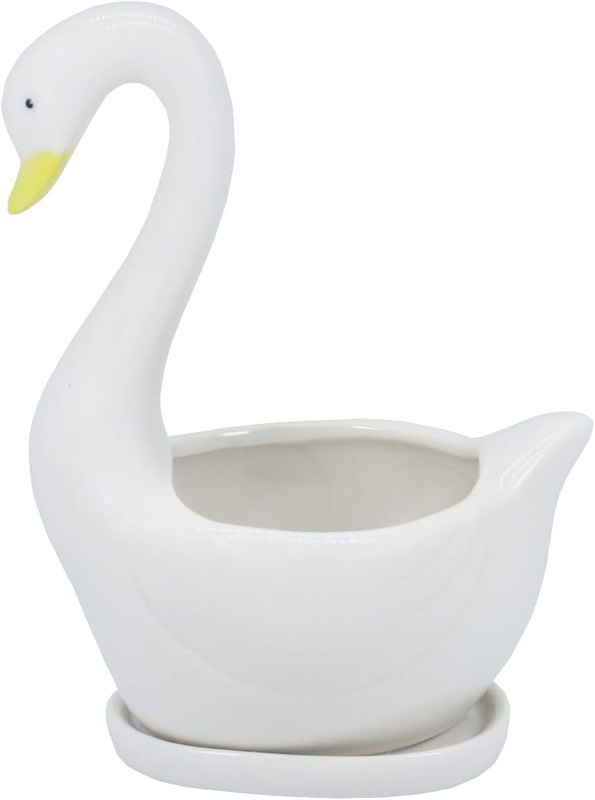 Gemseek Elegant Swan Succulent Planter Pot, White Ceramic Cactus/Flower Container, Animal Bonsai Holder with Drainage Tray for Indoor Plants