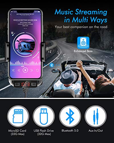 Tecboss Bluetooth FM Transmitter for Car, Latest Car Phone Holder Radio Bluetooth Adapter, Easy Attached to Air Vent, Supports Music Streaming, Enhanced Bass, Wireless Hands Free Car Kit - KM21