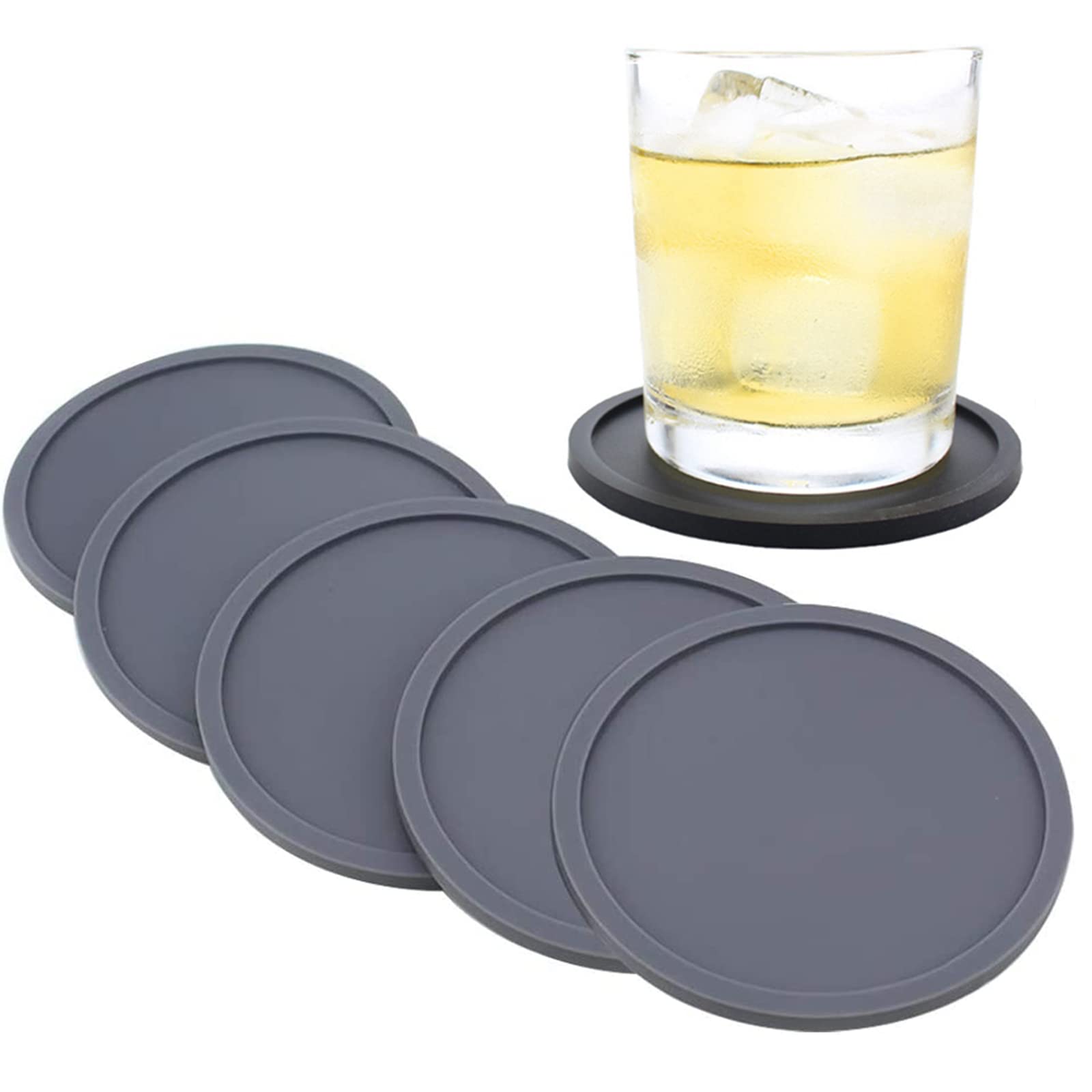 Drink Coasters Set of 6 Cup Pad Mat Grey Round Silicone Rubber Mug Coaster Non Slip,Silicone Non-Slip Washable Cup Mats for Coffee Beer Mug Wine Glass Bottle Home and Bar.