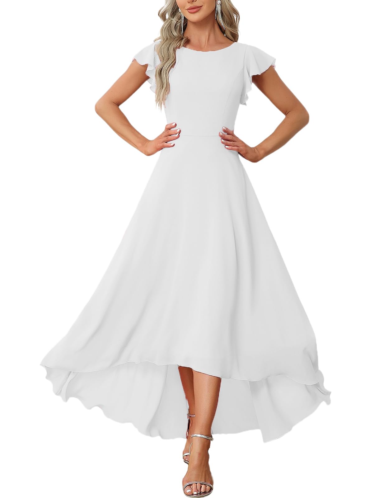 Photo 1 of FairyLove Women's V Neck Formal Dresses Cap Sleeve Fall Wedding Guest Dresses for Women Flowy Evening Party Cocktail Church Dresses White-L 
