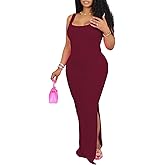 HBQ Women's Summer Bodycon Maxi Dress Sexy Sleeveless Side Slit Tank Party Club Ribbed Long Dress