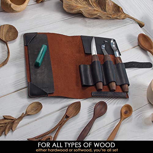 BeaverCraft Spoon Carving Tool Set S14x Carving Knife Set, Carving Tool - Wood Carving Set with Carving Knife, Hook Knife, Chisel, Chisel, Leather Strop for Sharpening, Tool Bag
