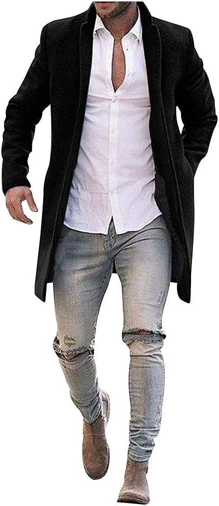 Mens Faux Wool Trench Coat Winter Warm Business Casual Button Down Jacket Thicken Slim Fit Outerwear Trenchcoats