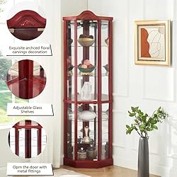 Firscook Curio Cabinet,Lighted Wooden Corner Curio