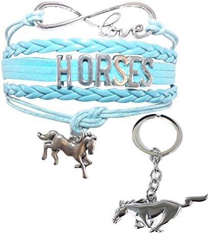 Horse Gifts - Love Horses Blue Equestrian Charm Bracelet & Chrome 3D Horse Keychain