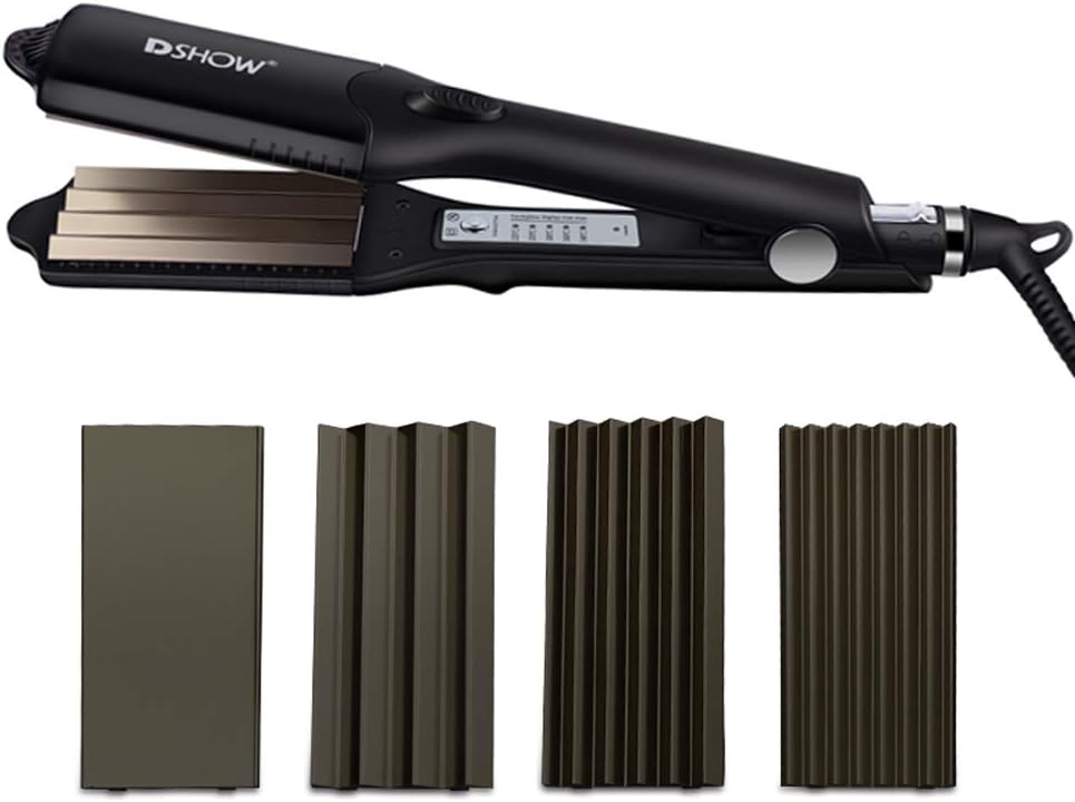 DSHOW 4 in 1 Hair Crimper Hair Waver Hair Straightener Curling Iron with 4 Interchangeable Ceramic Flat Crimping Iron Plate, Black