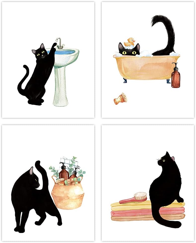 LHIUEM Black Cat Wall Art, Funny Bathroom Signs Cardstock Art Prints,Set of 4 (8’’X10’’,Unframed) Animals cat Artwork, Wash Hands Painting Cat Poster for Bathroom Set Cat Theme Wall Decor