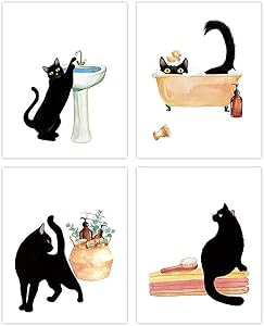 LHIUEM Black Cat Wall Art, Funny Bathroom Signs Cardstock Art Prints,Set of 4 (8’’X10’’,Unframed) Animals cat Artwork, Wash Hands Painting Cat Poster for Bathroom Set Cat Theme Wall Decor
