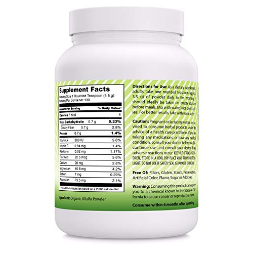 Amazing India Organic Alfalfa Powder (Non-GMO)- 16 Oz (481.94 Gm) - USDA Certified ORGANIC- Raw, Vegan- Gluten-Free, Plant-Based Nutrition- Supports Digestive Health, Detoxification and Immune Health*