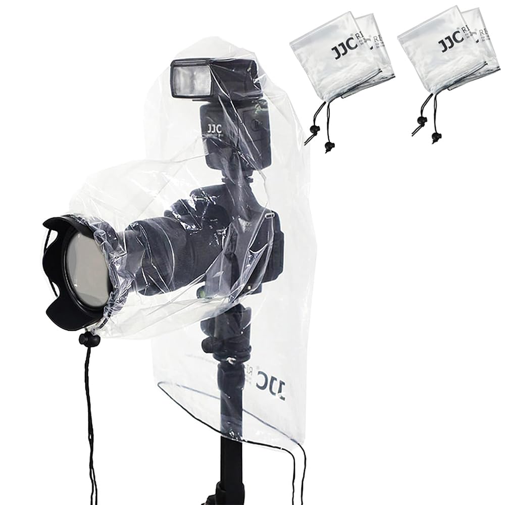 JJC 4 Pieces Camera Rain Cover Protector for Canon Nikon Sony Cameras with Lens & Flash up to 25x16cm / 10''x6.3'' (L*W), Transparent Camera Rain Coat Rain Sleeve