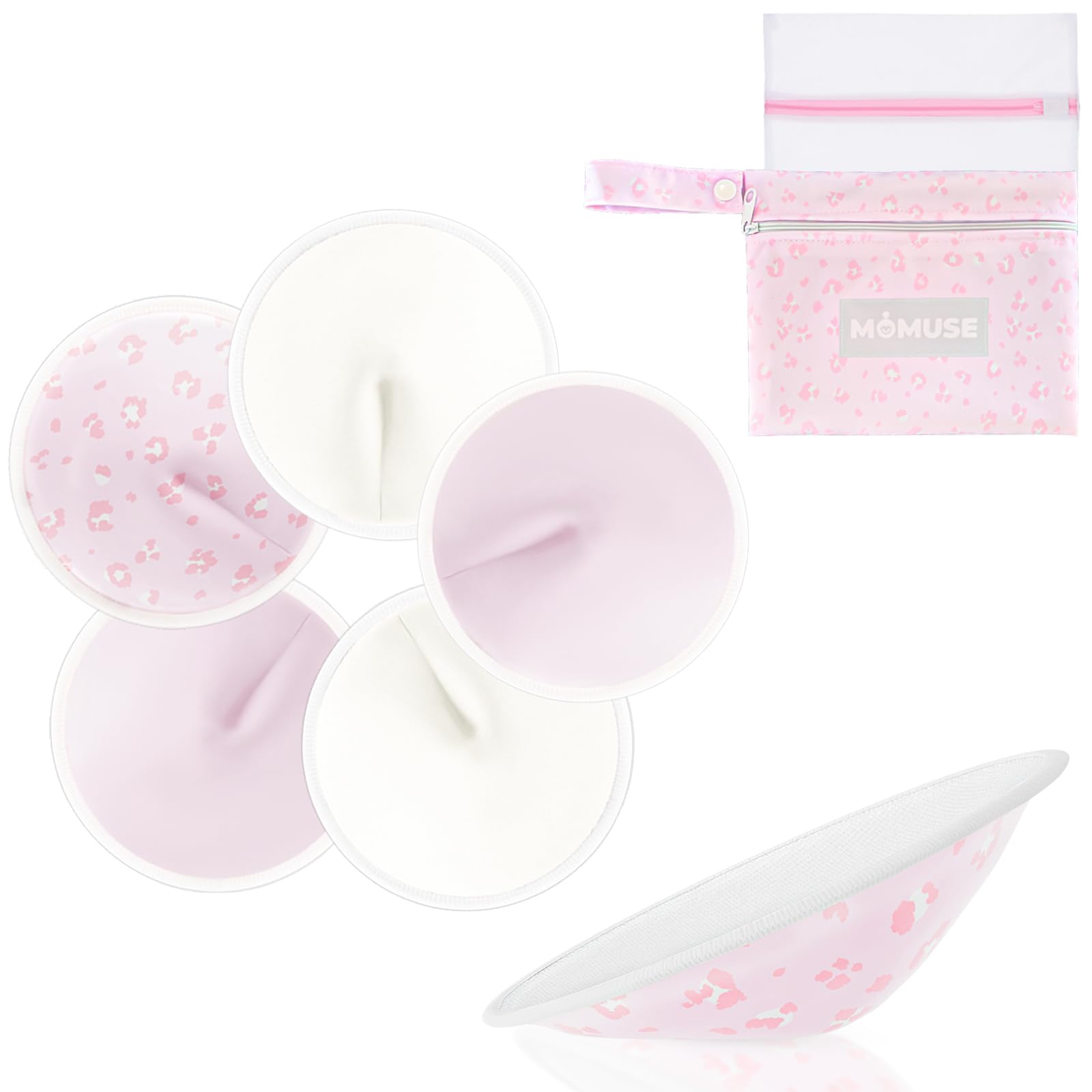 MOMUSE Reusable Nursing Pads 6 Pack,Ultra Smooth Fabric & Fast Absorbent Breathable Washable Nursing Pads for Breastfeeding Essentials,Invisible Cup-Shaped,Waterproof Bag + Wash Bag