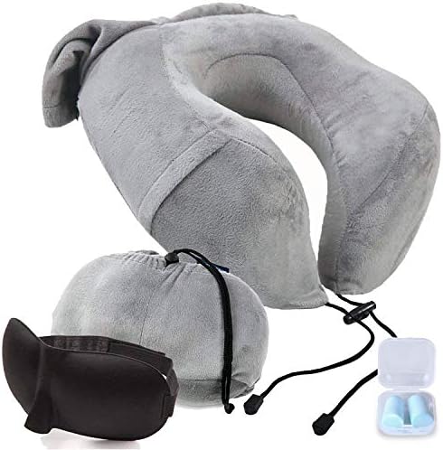 Memory Foam Travel Pillow - Airplane Neck Pillow with Phone Pocket, Washable Cover, Ear Plugs and Eye Mask for Superior Comfort by The Comfort Brand
