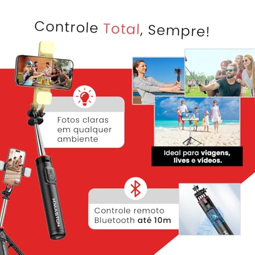 Bastão Pau de Selfie Tripé para Celular com iluminação Bluetooth Controle Remoto Portátil Retrátil para iOS e Android (Preto) H'MASTON