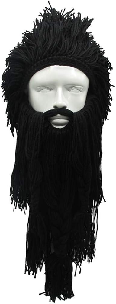 YEKEYI Barbarian Knit Long Beard Hat Adult Viking Fake Hair Wig Visor Knitted wool Funny Skull Cap, Black - Image 3