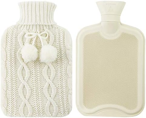 DearSun 2 Liter Hot Water Bottle Classic Rubber Hot Water Bag with Nordic Exquisite Knit Cover with pom pom,Great for Pain Relief, Hot and Cold Therapy (White)