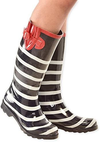 Charlie Paige Ladies Leather Tread Rubber Rain Boots - Navy and White Stripes, Size 8