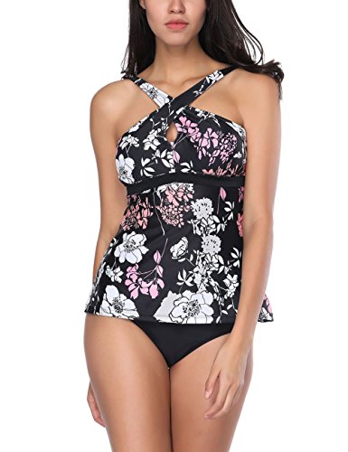 JOYMODE Womens Swimsuit Halter Tankini Top and Bikini Bottom Set Bathing Suits US Size 8-10