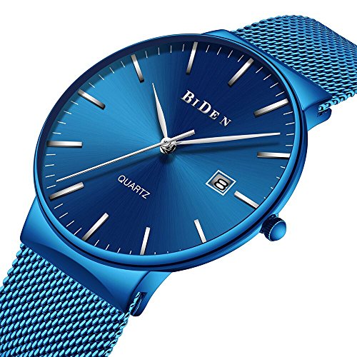 Mens Watch Deep Blue Ultra Thin Wrist Watches for Men Fashion Minimalist Waterproof Dress Stainless Steel Mesh Band