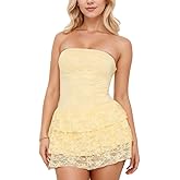 Fuimsul Women Sexy Ruffle Lace Tiered Strapless Mini Dress Y2k Solid Sleeveless Backless Layered A-line Short Tube Dress
