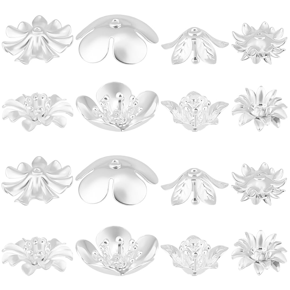 Beebeecraft 1 Box 24Pcs Beads Cap 925 Sterling Silver Plated Brass Flower Beads Cap Multi Petal Cup Shaped for Earring Necklace Jewelry Making