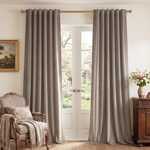 StangH 120 inches Long Camel Beige Velvet Curtains - Extra Long Thick Thermal Insulated Room Darkening Window Drapes for Hall, Back Tab Chill Resist Winter Curtain for Door, W52 x L120, 2 Panels