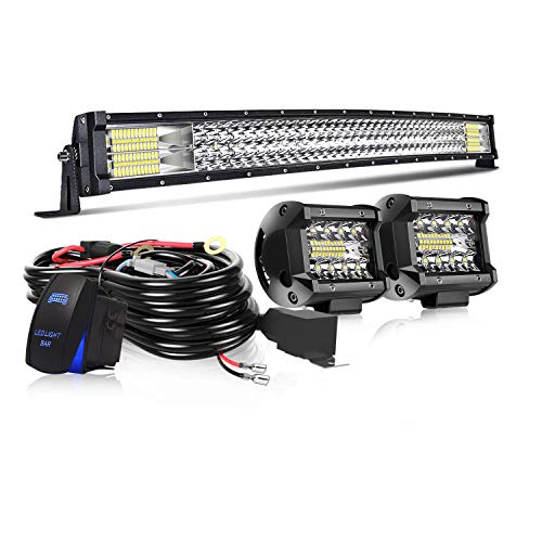 32″ LED Light Bar Curved T-Former Triple Row 441W Flood Spot Combo Beam Off Road Lights 2pc 4inch 60W Spot Driving Fog Lights with Rocker Switch Harness Wiring for Trucks ATV UTV Jeep Boat Pickup