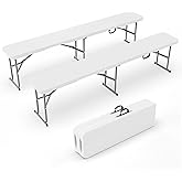 VINGLI 6 feet Folding Bench,Portable Outdoor Bench for Picnic Party Camping | Foldable Bench with Handle, Lightweight, HDPE Tabletop - BBQs, Sporting Events, and Temporary Seating (2, White, 6ft)