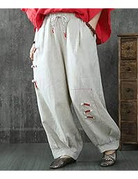 Pantalones de lino para dama, estilo casual, sueltos y anchos, cintura elástica, puños únicos bolsillo, color morado