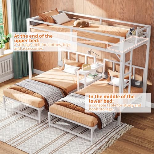 Simple Wisdom Literas de 3 Camas,Literas Individuales Tiene Tres Base Cama Individual,Litera Triple con Mesa,Equipado con Barandillas y Escaleras,La Base Metal es Resistente y Estable (Blanco)