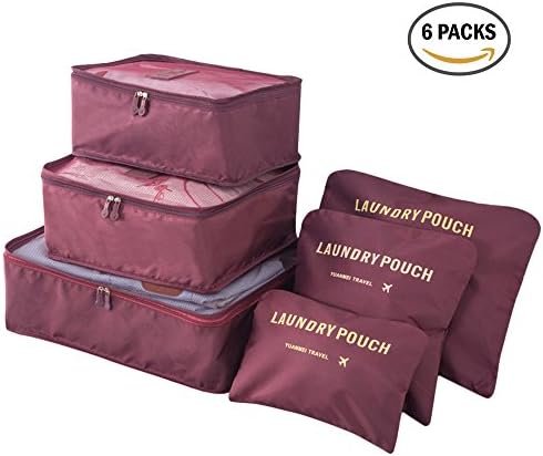 FanaticalPurchase 6Pcs Travel Luggage Packing Organizers Packing Cubes Ebags 3 Travel Cubes &amp; 3 Pouches (WineRed)