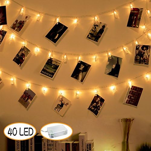 40 LED Photo Clips String Lights Battery Powered Fairy Lights for Hanging Pictures Cards Wedding Party Dorm Room Decoration Warm White
