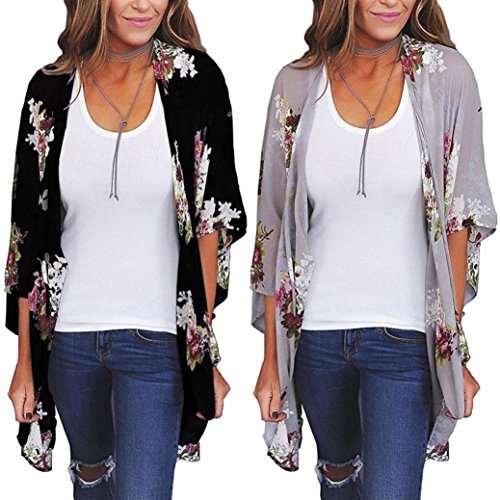 Tootu Women Chiffon Loose Shawl Print Kimono Cardigan Top Cover Up Blouse Beachwear (S, Gray)