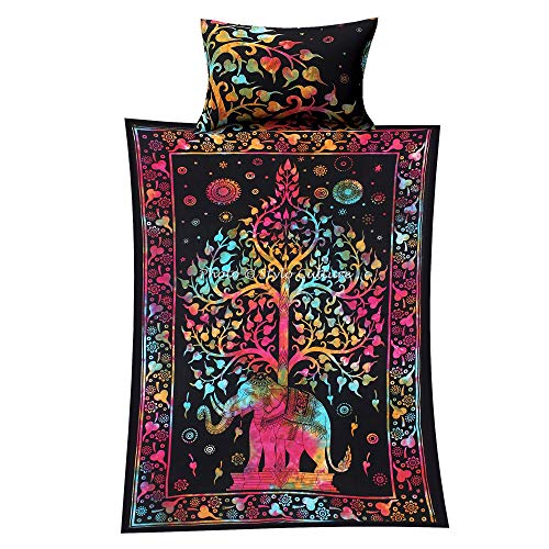 Stylo Culture Cotton Indian Mandala Duvet Cover Set Twin Full Size Multicolored Printed Decorative Animal Elephant Tree Patterned Tie Dye Home Decor for Adults Kids Quilt Cover