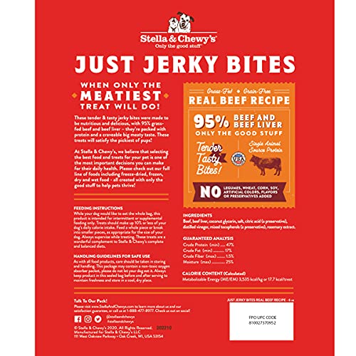 STELLA & CHEWY’S PREMIUM BEEF JERKY DOG TREATS – 95% REAL MEAT BITES FOR SENSITIVE STOMACHS – NATURAL LIMITED INGREDIENT TREATS FOR SMALL AND LARGE DOGS – NO GRAIN, WHEAT OR SOY – 6 OZ BAG