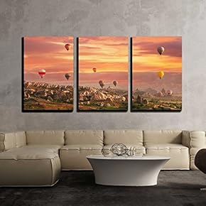3 Piece Canvas Wall Art - Multi-Colored Air Shata Fly Over Rocks in Cappadocia at Sunrise - Modern Home Art Stretched and Framed Ready to Hang - 16"x24"x3 Panels