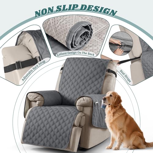 Ruaozz 100% Waterproof Recliner Chair Cover Non-Slip Reclining Cover for Recliner Chair Washable Chair Seat Cover with Elastic Straps for Kids, Dogs, Pets (Dark Grey, 1 Seater 23'')