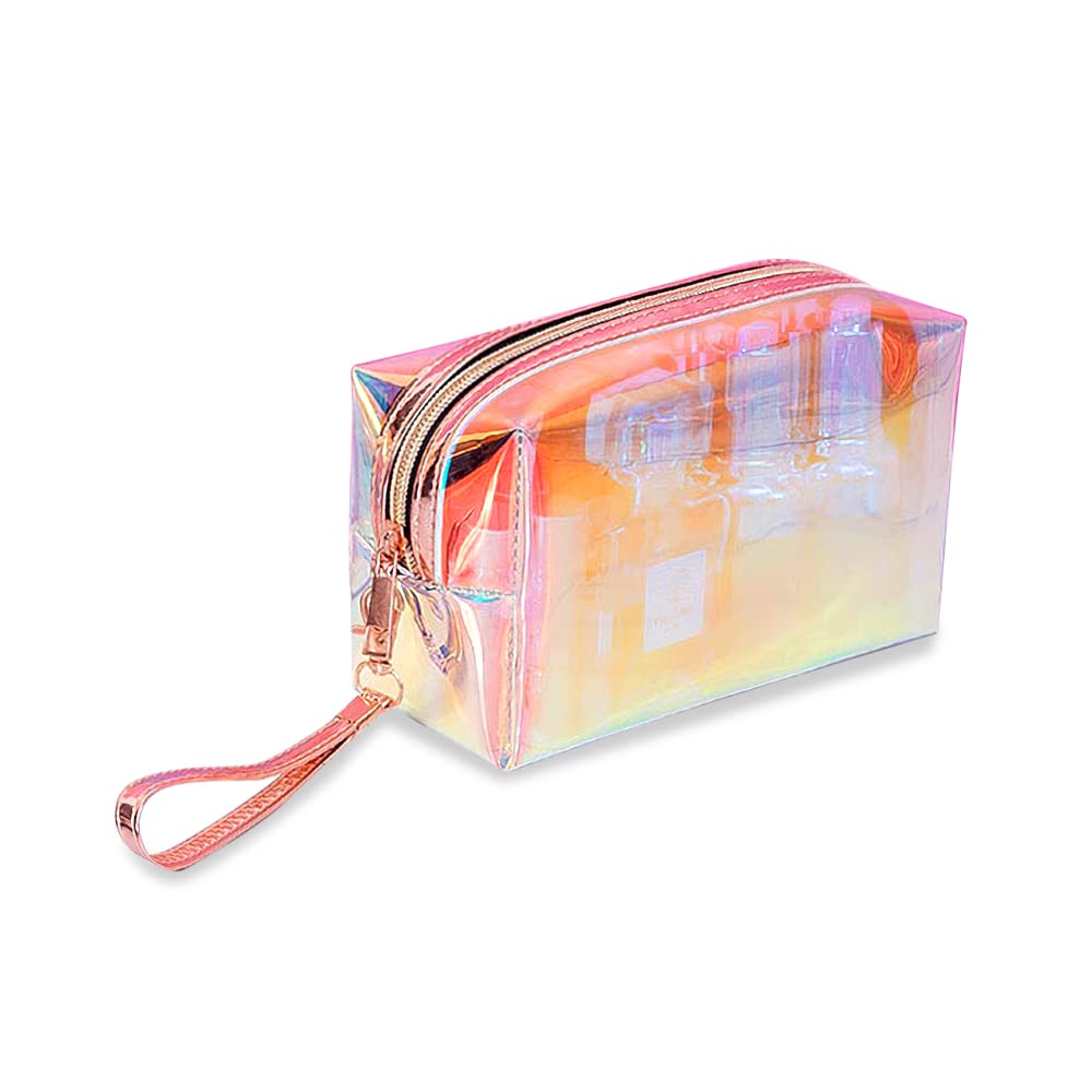Holographic Makeup Bag, Clear Toiletry Carry Pouch with Zipper and Portable Handle, Waterproof Cosmetic Bag for Beach, Small Make Up Case Organizer for Women Girls Traveling (A)