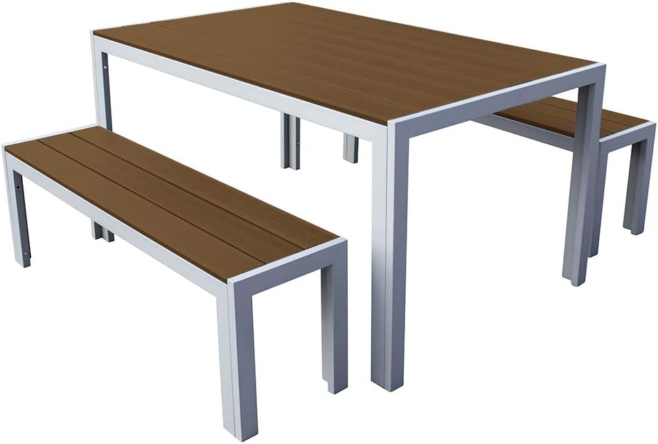 Trueshopping Malmo 3 Piece Polywood Outdoor Garden Furniture Dining Table & Bench Set with Aluminium Frame in Natural
