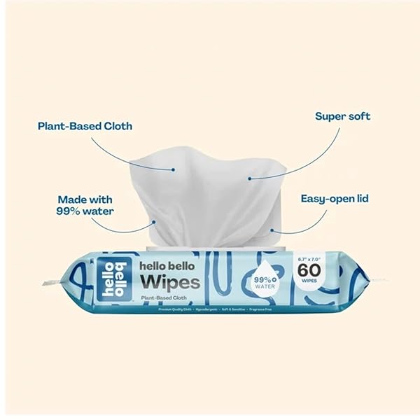 HELLO BELLO EXTRA GENTLE UNSCENTED BABY WIPES, PLANT BASED, MADE WITH 99% WATER AND ALOE FOR BABIES AND KIDS, 60 COUNT (PACK OF 3) TOTAL 180 COUNT