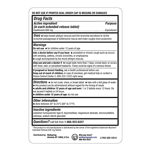WELMATE Mucus Relief Guaifenesin 600mg 12 Hr Support Temporary